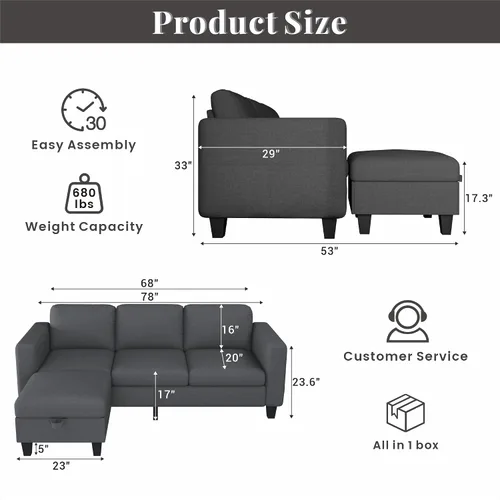 Vista 2 de Sofá modular para sala de estar, sofá en forma de L, pequeño modular de 3 asientos, cómodo lino con almacenamiento de asiento profundo, fundas