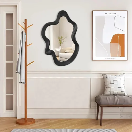 Vista 3 de Espejo asimétrico para decoración de pared, grande, moderno, ondulado, con marco de madera, espejo de pared con forma única montado en pared