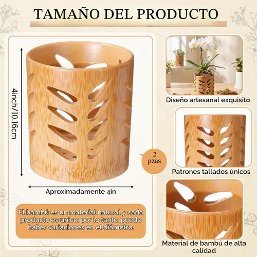 Vista 2 de Paquete de 2 Macetas de Bambú, Maceta Redonda Transpirable de 4 Pulgadas con Diseño Hueco para Optimizar el Flujo de Aire, Maceta Natural Marrón