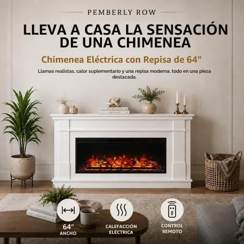 Vista 3 de Pemberly Row Mantel ancho con chimenea eléctrica lineal, 64 pulgadas de ancho, MDF laminado, acabado blanco, efecto de llama realista, control