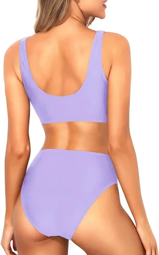 Vista 2 de Tempt Me Traje de baño deportivo de dos piezas para mujer, bikini de cuello redondo y tiro alto, top corto, traje de baño de cintura alta