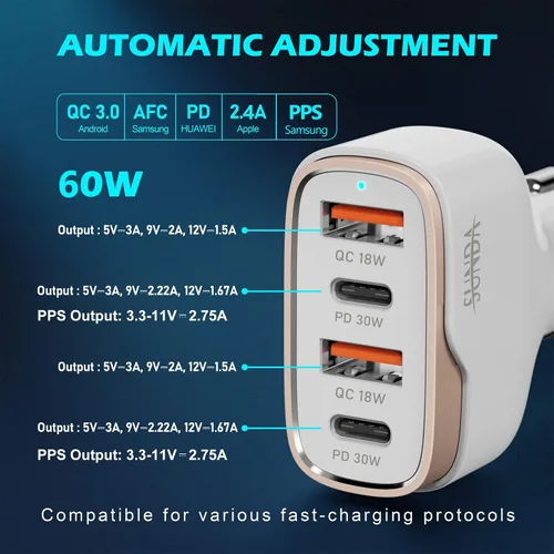 Vista 2 de SUNDA Cargador de Coche USB C Rápido de 60W, Adaptador de Carga de Coche de 4 Puertos, Dual Tipo C PD30W/PPS30W Compatible con iPhone 17/16/15