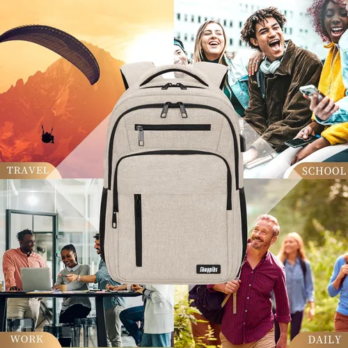 Vista 6 de Mochila Skaypibs para Mujeres y Hombres, Mochilas para Trabajo y Viaje con Porta Laptop, A6-Beige, 15,6 pulg., Moderno