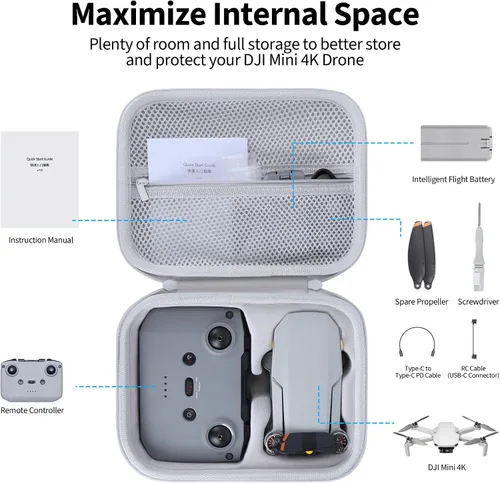 Vista 3 de Estuche de almacenamiento compatible con accesorios DJI Mini 4K Dron, con protectores de hélice y cubierta de palanca de control (gris)