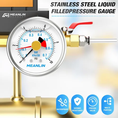 Vista 7 de MEANLIN MEASURE Manómetro de Presión de Acero Inoxidable 0~10 Psi 1/4" NPT Carátula de 2.5" con Puntero de Reinicio Relleno de Líquido WOG Agua