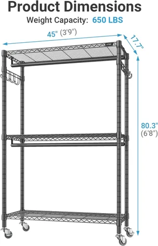 Vista 4 de VIPEK R2 Plus - Perchero resistente con 3 niveles de alambre ajustable con varillas dobles y ganchos laterales, estante de almacenamiento Negro