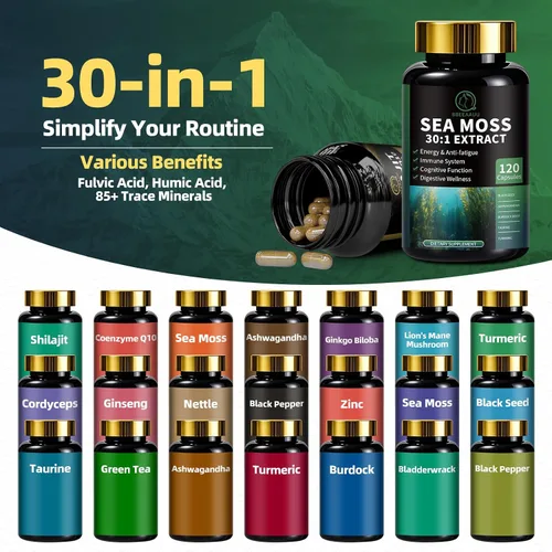 Vista 6 de Shilajit para hombres, paquete de musgo marino y shilajit, suplementos todo en 1 con coenzima Q10, semilla negra, ashwagandha, taurina, bardana