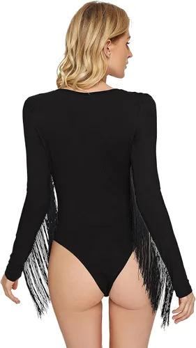 Vista 6 de Verdusa Body de manga larga con cuello en V y ribete de flecos para mujer