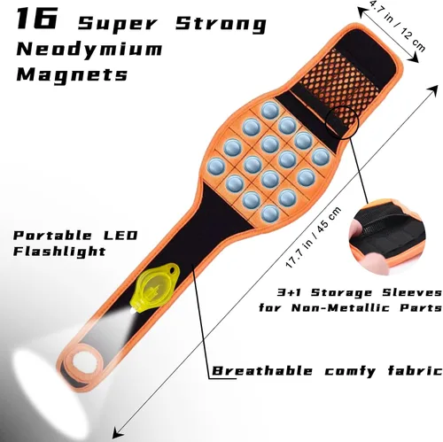 Vista 4 de Pulsera magnética con linterna y pedal magnético para sujetar tornillos, correa de herramientas magnética para sujetar tornillos, clavos, brocas