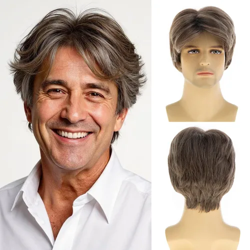 Vista 8 de Peluca gris corta para hombre, peluca sintética resistente al calor, para Halloween, cosplay, peluca de pelo