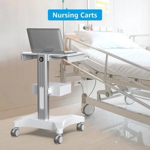 Vista 2 de Carrito médico con bandeja para laptop y soporte para escáner oral, estación de trabajo móvil sobre ruedas con cajón para hospitales, clínicas