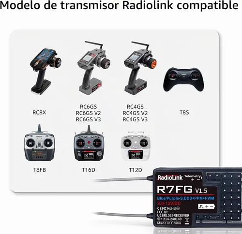 Vista 5 de Radiolink R7FG - Receptor de giroscopio de 7 canales, 2.4 GHz, telemetría integrada, control de largo alcance para RC coche, barco, transmisor