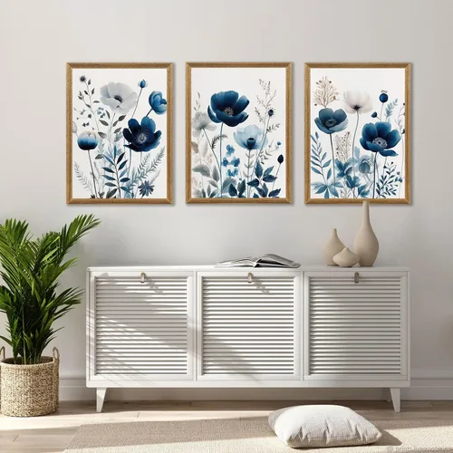Vista 5 de DUWQU 3 piezas de arte de pared en lienzo floral azul marino, marco de madera azul marino, flores silvestres lirio, margaritas, decoración de pared