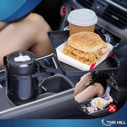 Vista 2 de Bandeja portavasos This Hill para auto, 2 en 1 Bandeja desmontable para mesa de comida con base sólida y ranura para teléfono, Expansor