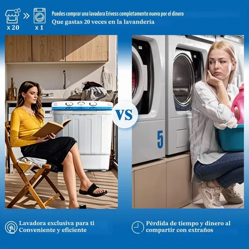 Vista 2 de Erivess Lavadora Compacta Mini de Doble Tina de 18 libras con Estante de Secado, Lavadora de Lavandería Mini Compacta de 11 libras y Centrifugadora