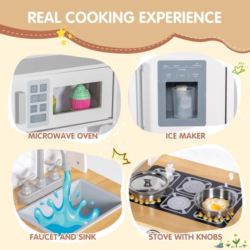 Vista 2 de BRINJOY Juego de cocina para niños, cocina de madera para niños con grifo, fregadero, estufa, horno, utensilios de cocina, gabinetes de Blanco