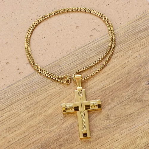 Vista 5 de YL Collar de cruz para hombre de acero inoxidable 316L, colgante grande de Jesucristo blancodoradonegro, cadena Rolo de joyería para 20 pulgadas, 22