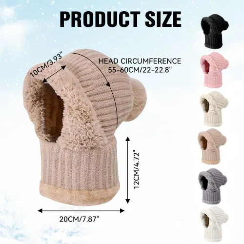 Vista 3 de Gorro 3 en 1 para mujer, pasamontañas de invierno con máscara facial, gorro de punto con forro polar con pompones, máscara de esquí resistente al