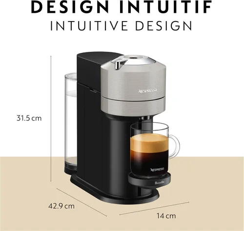 Vista 5 de Nespresso Vertuo Next Cafetera de café y espresso de Breville, con espumador de leche Aeroccino, gris claro