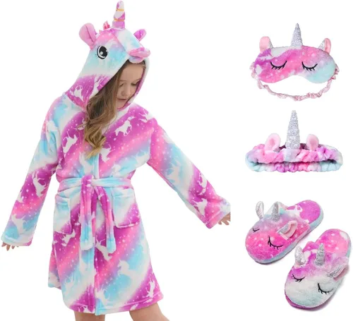 Vista 11 de CHETOSHO Bata suave con capucha de unicornio y pantuflas a juego, diadema y venda para los ojos para niñas Estrellas azul/rosa