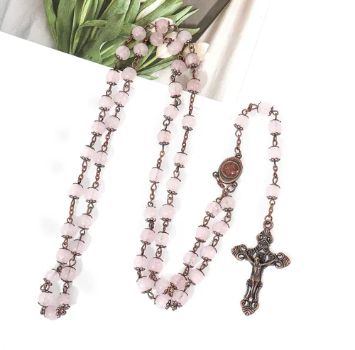 Vista 2 de Nazareth Store Rosario de diseño vintage con cuentas de piedra natural, collar de 0.315 in, medalla de suelo santo y cruz crucifijo rosarios