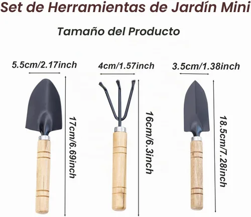 Vista 2 de Juego de 3 mini herramientas de jardín, palas pequeñas y rastrillo de mano con mango de madera maciza, herramientas de jardinería