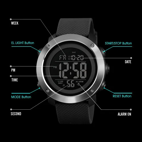 Vista 5 de Reloj deportivo digital para hombre, resistente al agua, con cronómetro, alarma, LED, luz trasera