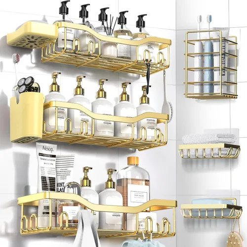 Vista 27 de NESOMI Organizador de Ducha Adhesivo Juego de 7 Piezas, Estantes de Baño de Acero Inoxidable a Prueba de Óxido, Accesorios de Almacenamiento sin