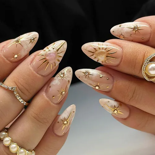 Vista 17 de IMSOHOT Uñas postizas a presión con forma de almendra, francesas, color azul medio, uñas postizas degradadas con purpurina con diseños de diamantes