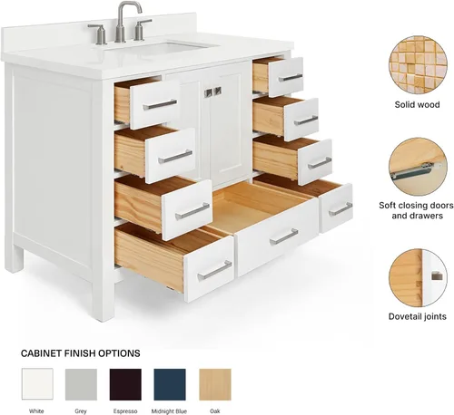 Vista 6 de ARIEL Cambridge - Mueble de baño de 42 pulgadas con fregadero, madera maciza, encimera y protector contra salpicaduras de cuarzo blanco puro de 1.5