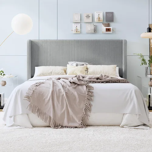 Vista 13 de SHA CERLIN - Base de cama tamaño Full tapizada en pana con plataforma y cabecera acolchada con diseño acanalado vertical estilo wingback, 8
