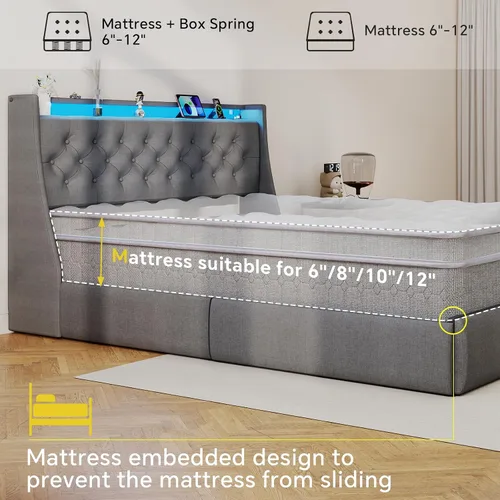 Vista 8 de SADENICEL Base de cama de tamaño completo con cabecera de almacenamiento y 4 cajones, plataforma de base de cama de metal completo con luz LED