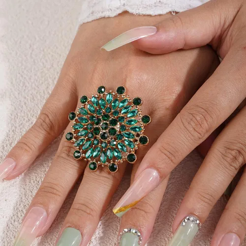 Vista 2 de Jumwrit Anillo redondo grande, anillo de flor de diamantes de imitación verde, anillo de banda de envoltura abierta, anillo de dedo ajustable
