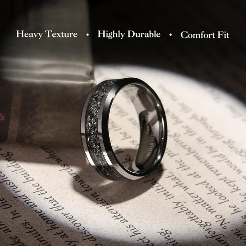 Vista 3 de King Will - Anillos de boda de tungsteno con meteorito, 1564 y 516 de pulgada, negro y plateado, anillos de compromiso para parejas, borde biselado
