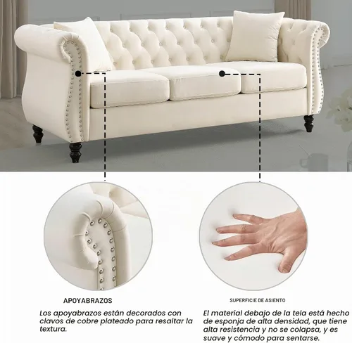 Vista 5 de Juego de Sofá Combinado de Terciopelo Chesterfield de 2 Piezas para Sala de Estar, Sofá de 3 Plazas y Loveseat con Tapizado Capitoné con 4