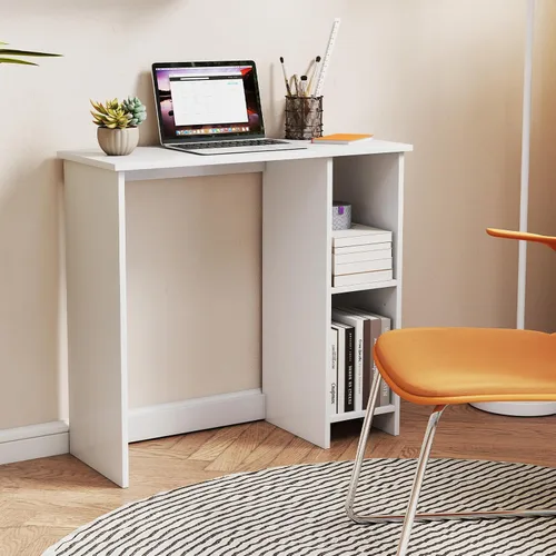 Vista 2 de Escritorio blanco para computadora, escritorio moderno con estantes de almacenamiento, mesa de juegos compacta, escritorios de madera para oficina