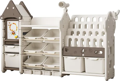 Vista 3 de UNICOO Organizador de almacenamiento de juguetes para niños con estantería, organizador de sala de juegos de 14 cubos y estantería, estante de Marrón