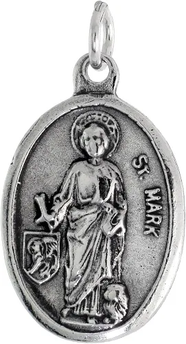Vista 3 de Collar de medalla de San Marcos de plata de ley con acabado oxidado cadena ovalada de 08 pulgadas Plata esterlina Sin gemas