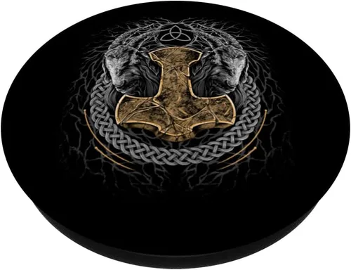 Vista 2 de Mjolnir - Martillo vikingo de Thors de mitología nórdica pagana, PopSockets intercambiables PopGrip