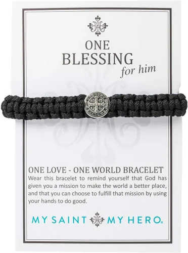 Vista 2 de My Saint My Hero Pulsera One Blessing para hombre - Tejida a mano, hilo negro con medalla benedictina de protección de plata
