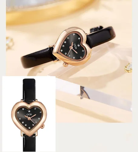 Vista 3 de MASTOP Reloj de lujo para mujer, con forma de corazón, correa de piel, cuarzo, impermeable, elegante, informal, para mujer