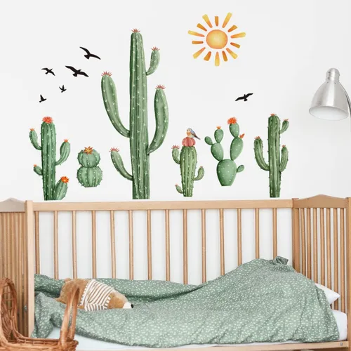 Vista 5 de Calcomanías de Pared de Cactus Boho Calcomanías de Pared de Sol Boho Plantas Tropicales de Cactus Verdes con Pájaros Calcomanías de Pared para Sala