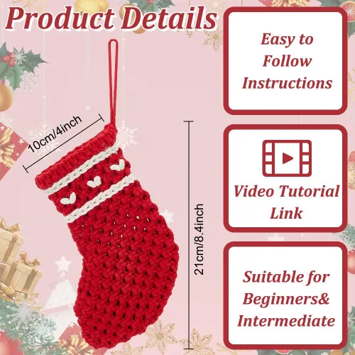 Vista 3 de INFUNLY Juego de 2 calcetines navideños de macramé para principiantes con video tutorial e instrucciones hechas a mano, kit de calcetines de Navidad