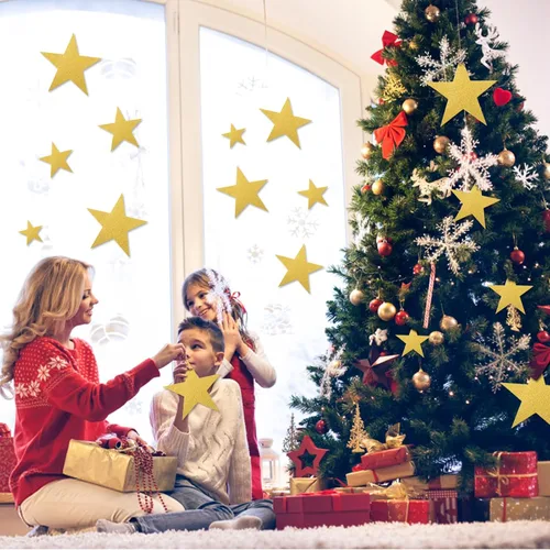 Vista 5 de 180 piezas de papel de recorte de estrella con purpurina dorada de cinco estrellas, decoraciones de confeti de estrellas doradas para tablón
