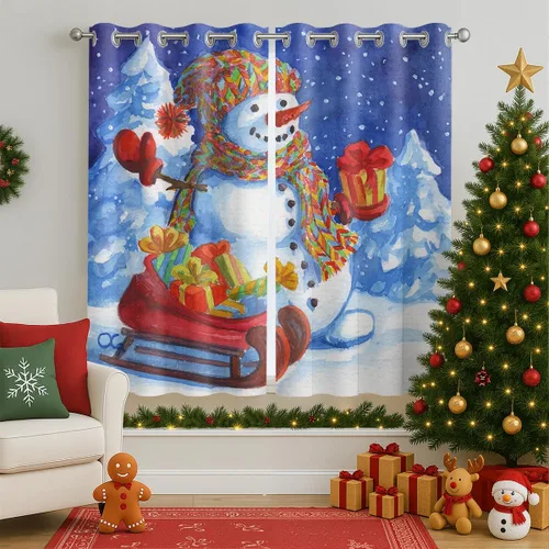 Vista 2 de Cortinas opacas de muñeco de nieve de Navidad para niñas y niños, decoración del hogar, invierno, Papá Noel, trineo, regalo, con ojales, aislamiento