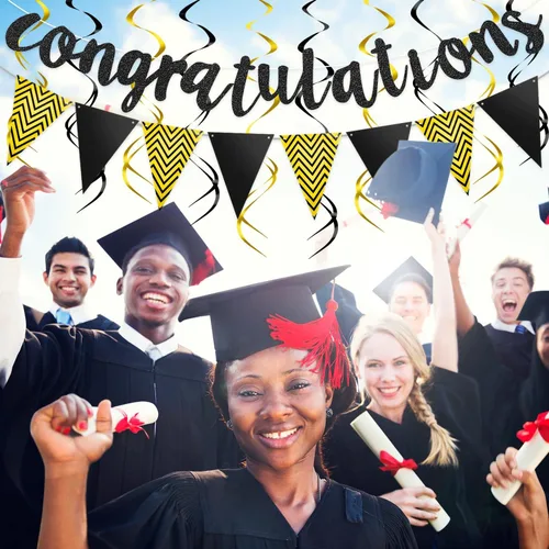 Vista 4 de Outus Pancarta de felicitaciones con purpurina preencordada con 12 espirales colgantes para bodas, jubilaciones, graduaciones, aniversarios, Dorado