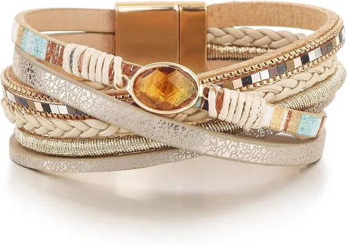 Vista 9 de Edoneery - Pulsera envolvente de cuero para mujer, brazalete de puño de múltiples capas hecho a mano estilo bohemio con cuentas de cristal