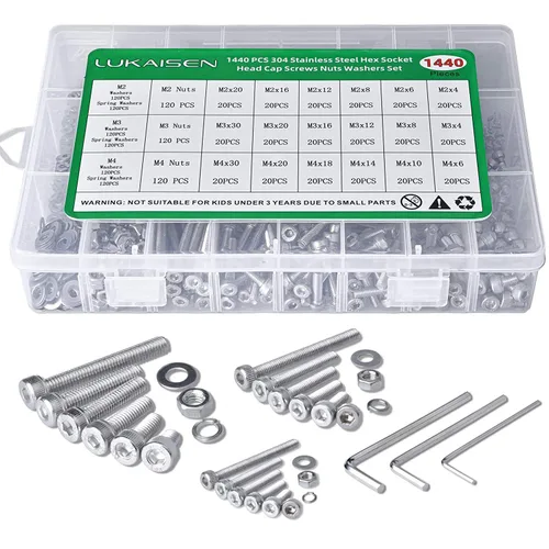 Vista 32 de Juego de 1440 tornillos hexagonales de cabeza de botón de acero inoxidable 304, tuercas y arandelas, M2 M3 M4 M5 Juego de pernos resistentes a