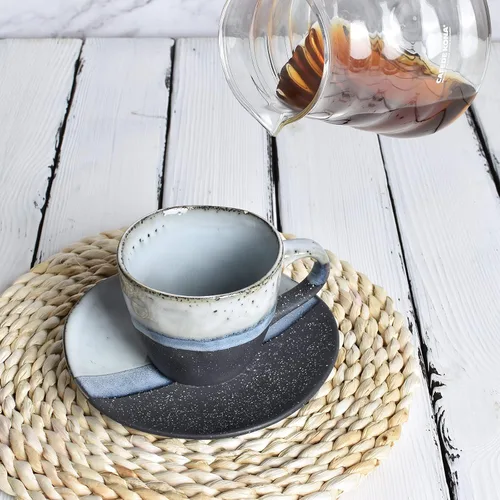 Vista 5 de Bosmarlin Juego de 2 tazas de café de gres con platillo para café con leche, capuchino, té, onzas, lavavajillas y microondas (negro, 2)