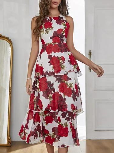 Vista 6 de WDIRARA Vestido de gasa con estampado floral de talle alto sin mangas y volantes para mujer